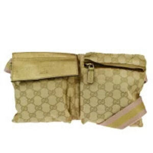 Gucci Sherry Waist Pouch Clutch Bag GG Beige Pink Gold Canvas Leather
